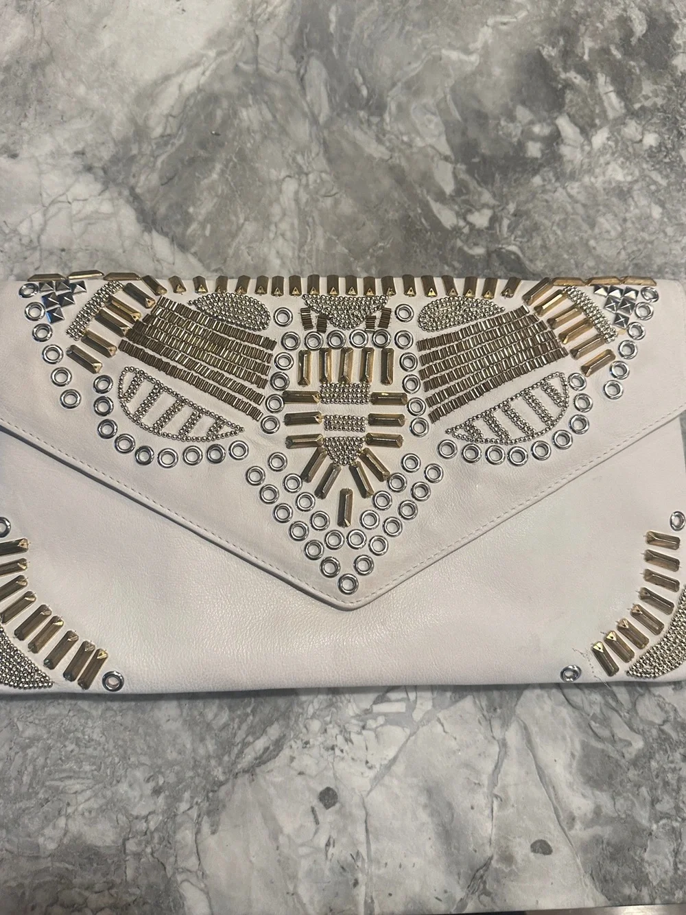 Ash White Envelope Clutch with Gold & Silver Stud Embellishments